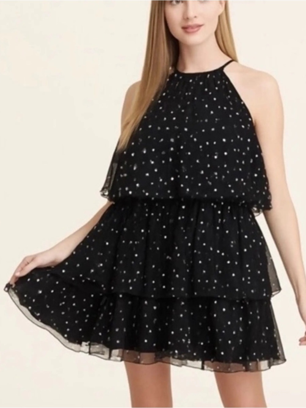 Black Halter Tiered Mini Dress with Metallic Dot Detail